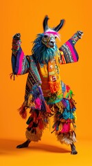 Fototapeta premium Cute lama wearing colorful clothes. Vertical background 