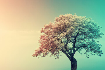 A vibrant tree with colorful foliage under a soft pastel gradient sky, offering a whimsical natural scene