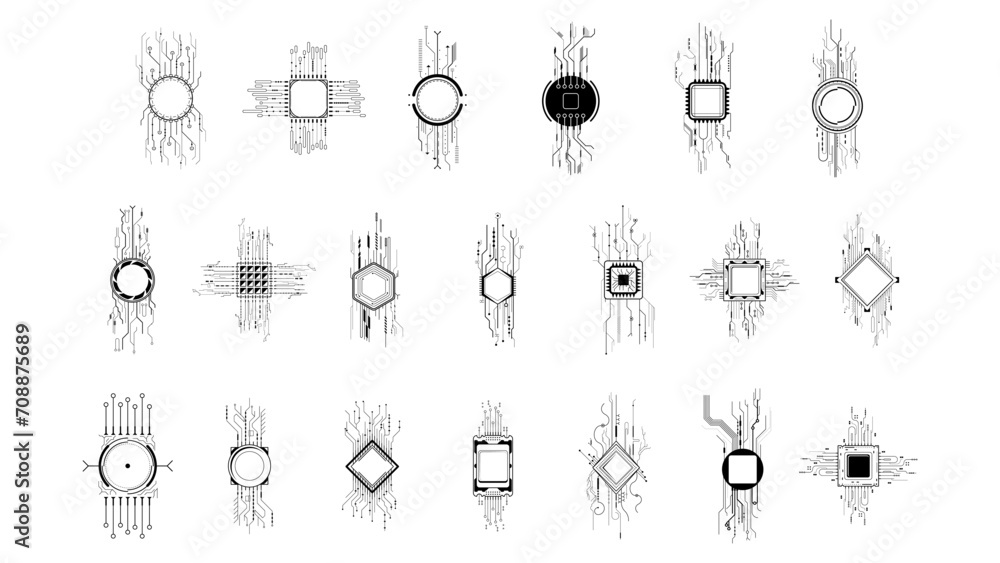 Poster set abstract collection black simple line cpu, computer, technology doodle outline element vector de