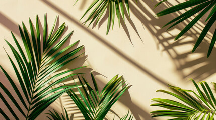 Tropical palm leaves casting soft shadows on a beige background, evoking a warm, serene summer ambiance