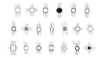 Set Abstract Collection Black Simple Line Cpu, Computer, Technology Doodle Outline Element Vector Design Style Sketch Isolated On White Background Illustration