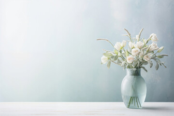 Soft-hued flowers with a delicate frost, arranged in a frosted glass vase on a white table, evoking a serene, wintry feel