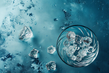 Glistening ice cubes in a glass bowl on a textured blue surface, evoking a refreshing and cool atmosphere