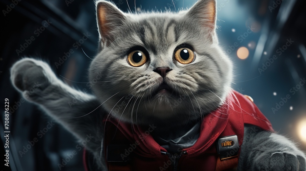 Poster a cute cat wearing a red spacesuit is sitting in a spaceship.