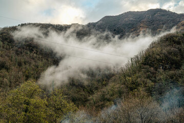 Incredibly breathtaking natural landscapes with mysterious fog. The concept of solitude with nature and travel. Day walk in nature. Natural background