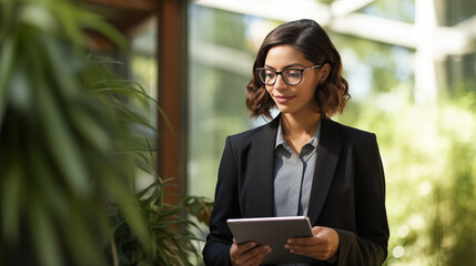 Fototapeta premium A successful business woman looking at the camera, casual clothes, wearing glasses, with tablet