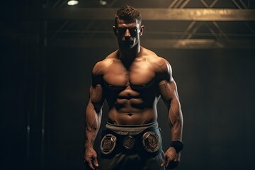 Fototapeta na wymiar Muscular Champion Bodybuilder with Championship Belts