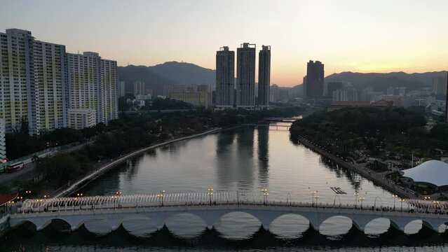 Shing Mun River with skyscrapers in Hong Kong Dec 24 2023