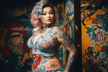 Obraz na płótnie Canvas Tattooed Woman with Colorful Hairstyle Posing Artistically