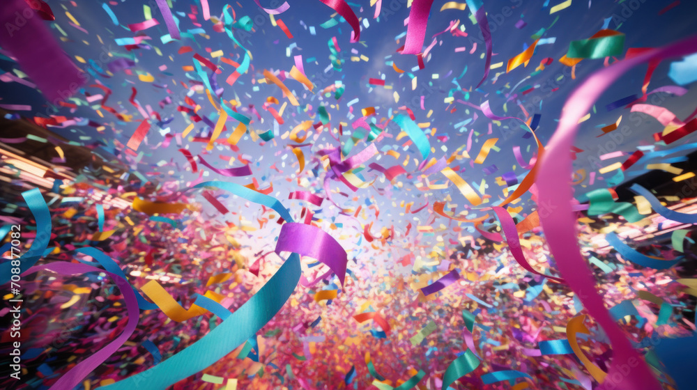 Aufkleber abstract background with confetti on colorful ribbons on dark background