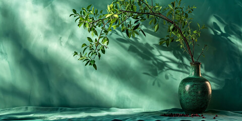 Elegant greenery sprouting from a rustic vase, casting intricate shadows on a serene aquamarine backdrop