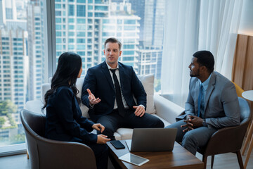 Group of diverse executive investor listening businessman talking about investment. Professional business team discussing about business plan, statistic, marketing strategy at office. Ornamented. - obrazy, fototapety, plakaty
