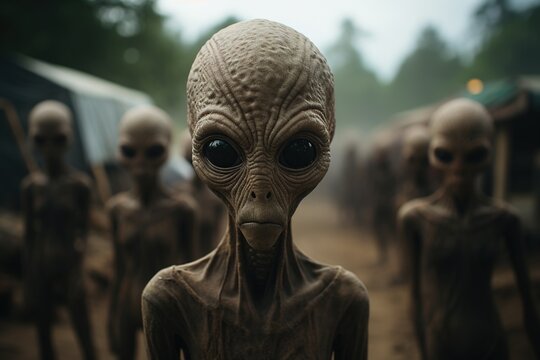 A group of aliens standing in a forest