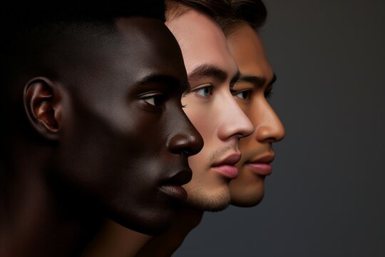 Striking beauty portrait in a studio setting featuring three men of diverse nationalities
