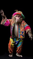 Monkey wearing colorful clothes dancing on black background . Vertical background 