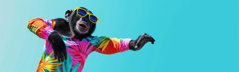 Monkey wearing colorful clothes dancing on blue background . Banner - obrazy, fototapety, plakaty