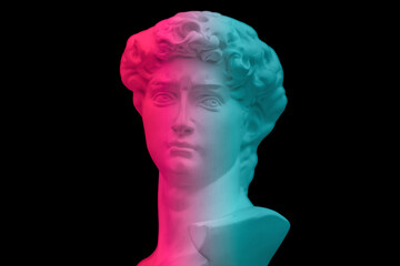  pink and blue gradient antique statue of david's head marbel Concept of modern art and cyberpunk with pink background