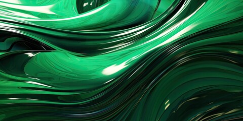 Silver and green chrome metal fluid, waves, background 