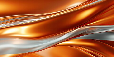 Silver and orange chrome metal fluid, waves, background 