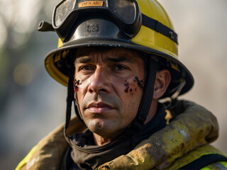 Naklejka premium Portrait of a male firefighter in a fire affected area.