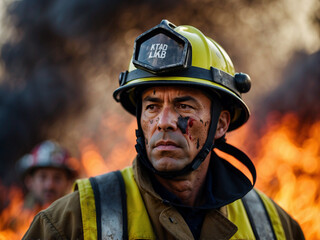 Fototapeta premium Portrait of a male firefighter in a fire affected area.