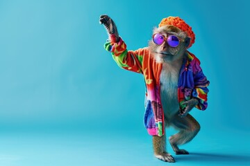 Monkey wearing colorful clothes dancing on blue background .  - obrazy, fototapety, plakaty