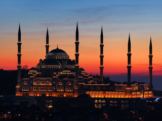 Mosque in Sunset Drone Photo, Camlica Mosque Uskudar, Istanbul Turkiye (Turkey)