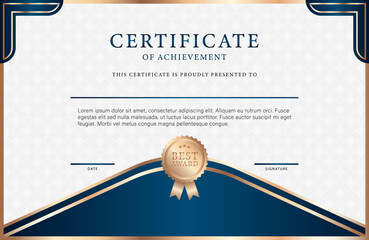 Certificate of Achievement. Vector certificate or diploma template in classic discreet colors with a gold medal.