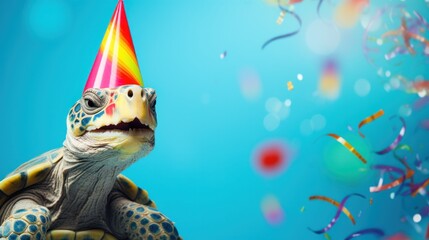 Funny turtle with birthday party hat on blue background.