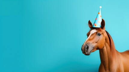 Funny horse with birthday party hat on blue background.