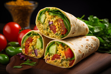 Veggie Hummus Wrap close-up. cherry tomatoes, cucumber sliced, bell pepper, shredded carrots, red onion. healthy lunch, nutritious snack.