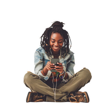 African American Young Woman Happy Smiling And Siting Using Smart Phone On The Floor, Full Body Isolated On White Background, Png