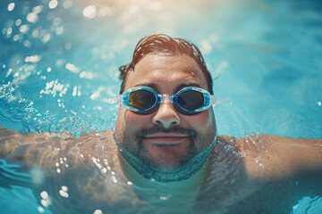 Naklejka premium A bearded mature man is swimming in the pool wearing swimming goggles. water sports, water treatments.