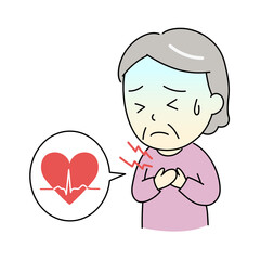 不整脈で胸が苦しそうなおばあさんと心電図波形のイラスト
