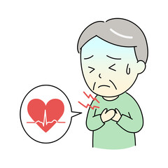 不整脈で胸が苦しそうなおじいさんと心電図波形のイラスト