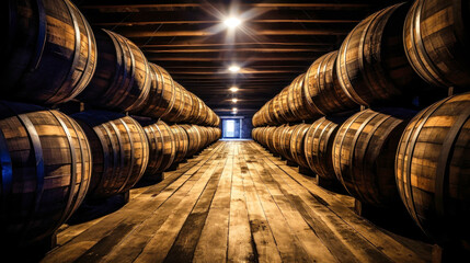Winery, wine cellar with wooden wine barrels. Wine barrel storage, wine, barrel, alcohol, drinks...