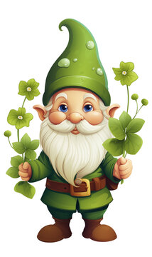 recommend clip art: Patricks Day Gnome with shamrock on white background with copy space. Patricks Day with leprechaun and cloverleaf. Cartoon style illustration. Patricks Day greeting card and poster. Web banner design.