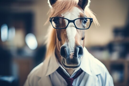 Funny horse scientist in a laboratory.