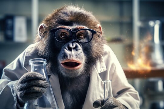 Funny monkey scientist in a laboratory.