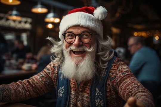 Photo Realistic of a Holiday Reveler in a Festive Sweater and a Santa Hat, Generative AI
