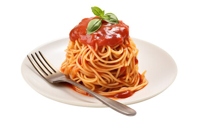 Delicious pasta spaghetti with tomato sauce garnished with a fresh basil leaf, cut out