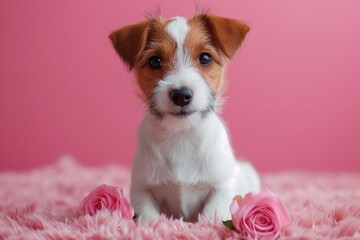 cute portrait of a corgi dog puppy lies on the wooden floor among the scarlet and pink knitted hearts