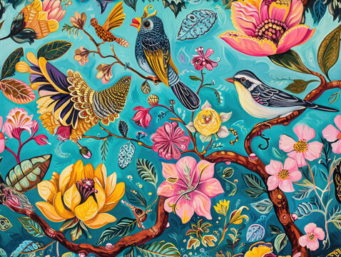 Beautiful Timeless Classic Victorian style Poetic and Hand Painted Retro Fine Art canvas for wallpaper and background with Colorful Peacocks, birds, Flowers and plants, Nature-inspired and floral