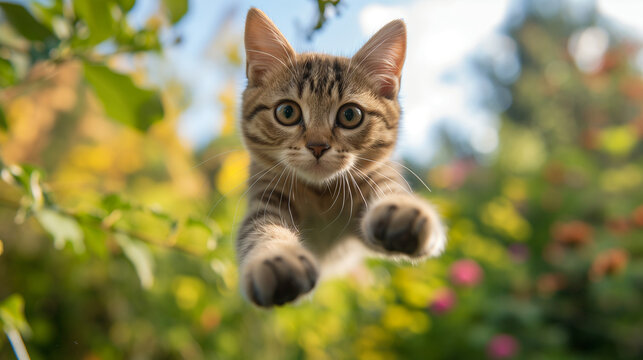 A cat jumping, hunting, and playing outdoors