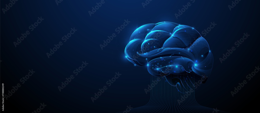 Leinwandbilder Artificial Intelligence and Brain with dark blue background. Neural network technology concept. Cloud and computing technology