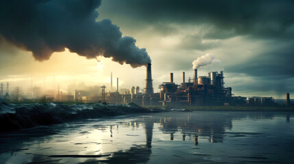 A large factory or power plant with large chimneys that produce large amounts of gases and smoke. The topic of air pollution