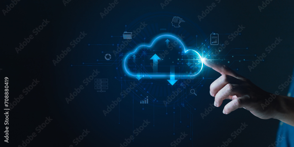 Aufkleber cloud computing diagram show on hand.data storage.the use of online digital network technology in bu