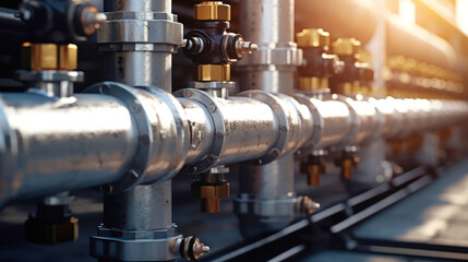 Close-up industrial view of a pipeline, liquid and gas delivery equipment, oil and gas processing area. Distribution pipeline unit at a plant.