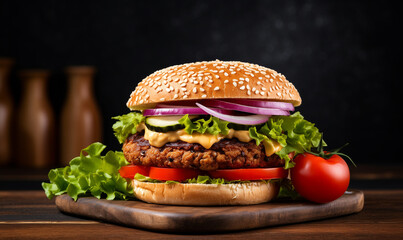 Burger on wooden table with dark bar background. Fast food meal. Grill burger, side view food...