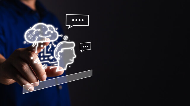 man holding command prompt ai chat. Big data storage computer tech.Digital Artificial Intelligence (AI) technology disruption concept. We are implementing storage technology support in the business.